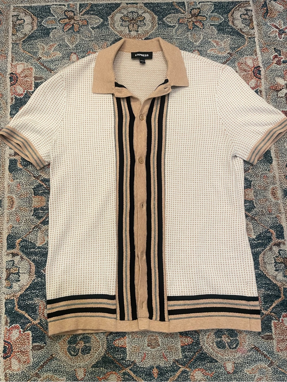 Express Cream Short Sleeve Knit Polo with Tan & Black Stripe Placket